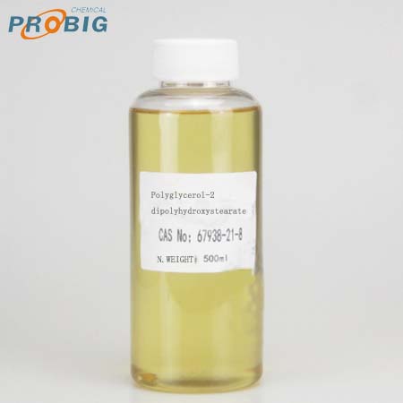 Polyglycerol-2 diisostearate CAS No.67938-21-8 Characteristics: HS Code:2915709000 Appearance: Colorless to light yellow oily liquid Acid value: ≤12 Iodine value: ≤5.0 Saponification value: ≤180 Product performance: liquid oil, lipophilic non-ionic active agent, soluble in various esters, castor oil, white oil, ethanol, insoluble in water, suitable for W/O cream, lipstick, makeup remover, etc. Application: Can be used for cream, lipstick, foundation, conditioner and other products. Recommended dosage: 0.5-3% Polyglycerol-2 diisostearate is a non-ionic emulsifier containing polyhydroxy, which has a dispersing effect. For two components that are immiscible with water and oil, one component can be uniformly dispersed in the other component to form an emulsion or suspension; can be used as a humectant. The ingredient is non-irritating to human skin and has high safety. It is suitable for lipsticks, facial masks, cleaning products, etc.